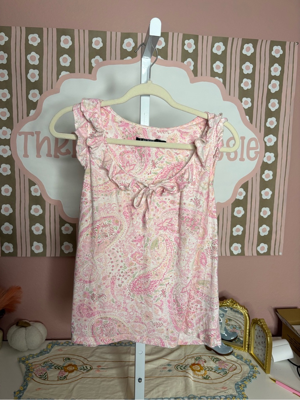 Lauren by Ralph Lauren Pink Paisley Ruffle Neck Tank Top